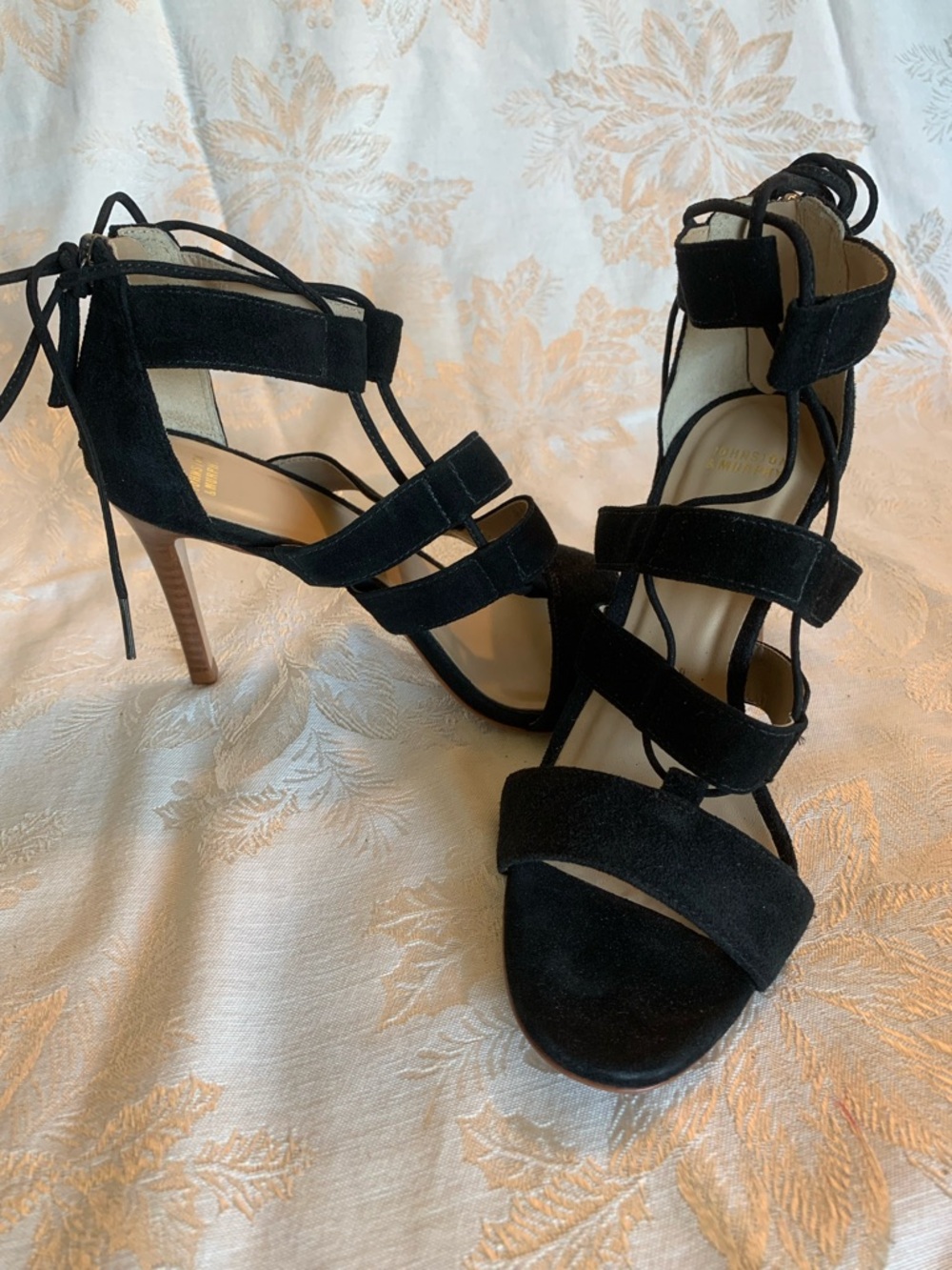Johnston & Murphy Black Suede Strappy Lace-Up High Heels